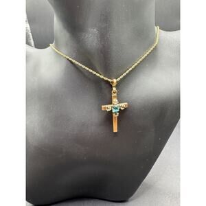 Vintage 1/20 10k Gold Filled Blue Topaz Cross Pendant Necklace C.T Signed
